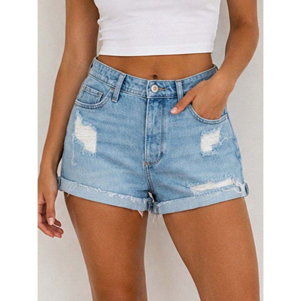 Hollister 7 Women's Curvy High Rise Midi Distressed Mom Vintage Stretch Shorts